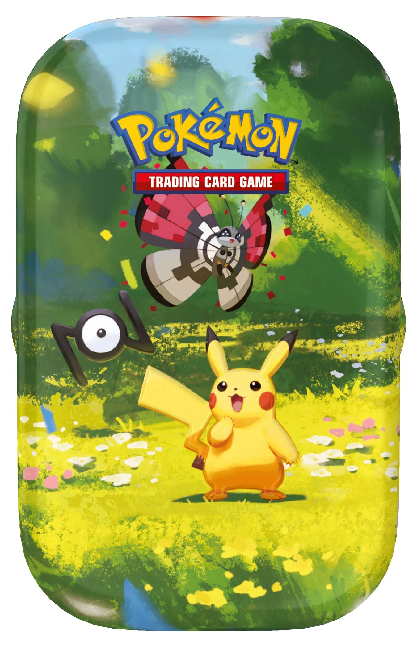 Vooraanzicht van de officiële Pokémon TCG 30th Celebration Mini Tin verpakking met artwork van Pikachu, Vivillon en Unown.