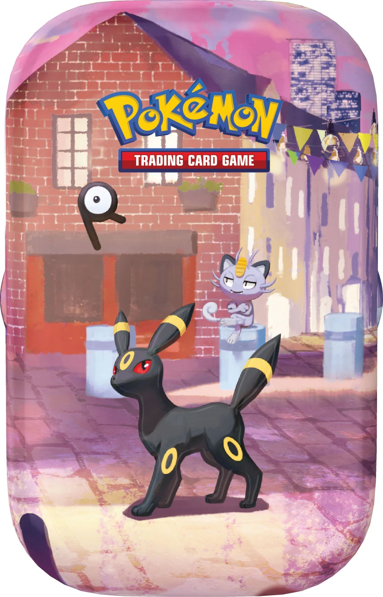 Vooraanzicht van de officiële Pokémon TCG 30th Celebration Mini Tin verpakking met artwork van Umbreon, Galarian Meowth en Unown.