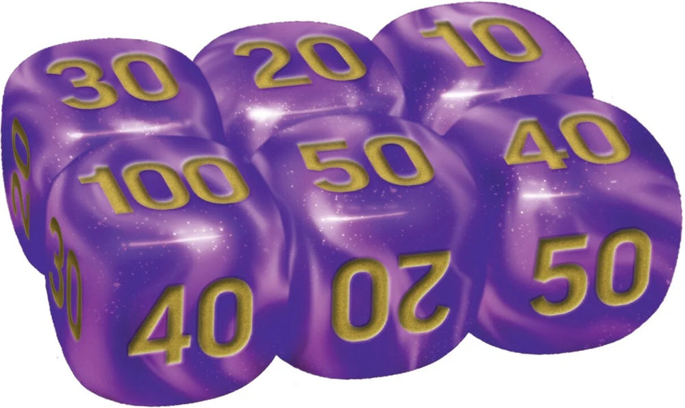 Close-up van de zeven zware metalen damage counter dobbelstenen uit de Umbreon Ultra Premium Collection.