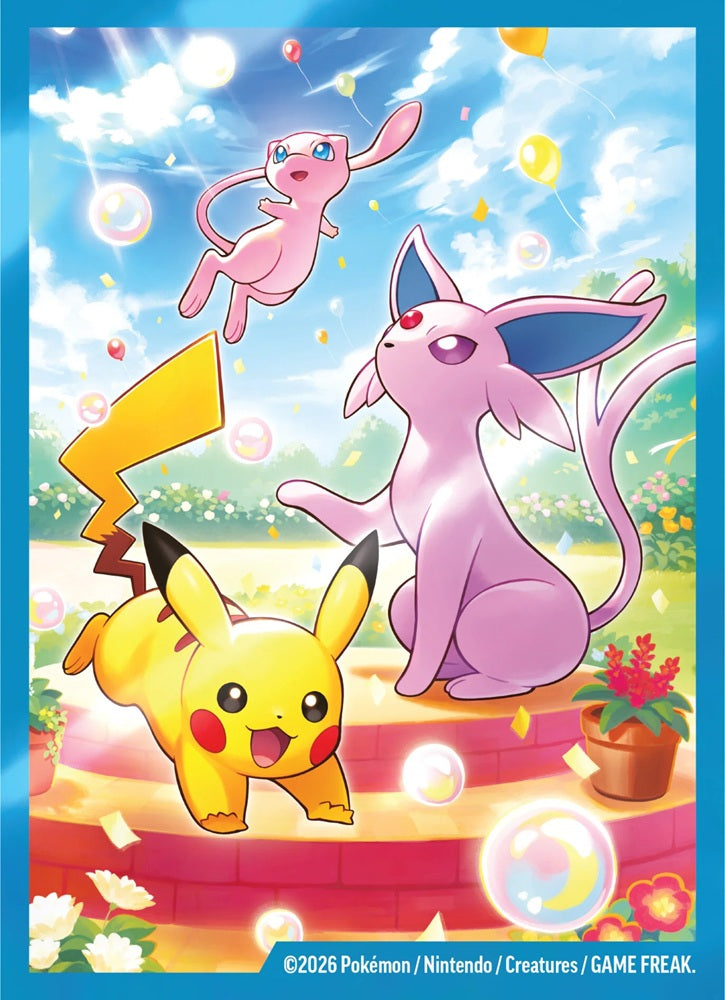 Pakje van 65 officiële Pokémon card sleeves met het kleurrijke Pikachu en Espeon jubileumdesign.
