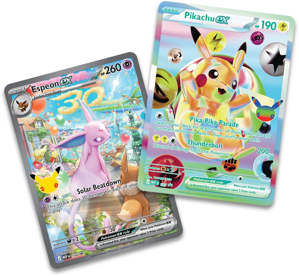 De exclusieve Pikachu ex en Espeon ex foil promokaarten met de officiële Pokémon 30th Celebration logo-stempel.