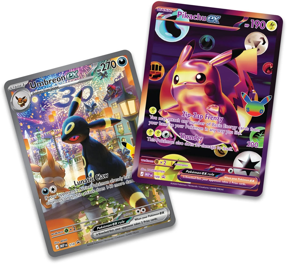De exclusieve Pikachu ex en Umbreon ex foil promokaarten met de officiële Pokémon 30th Celebration logo-stempel.
