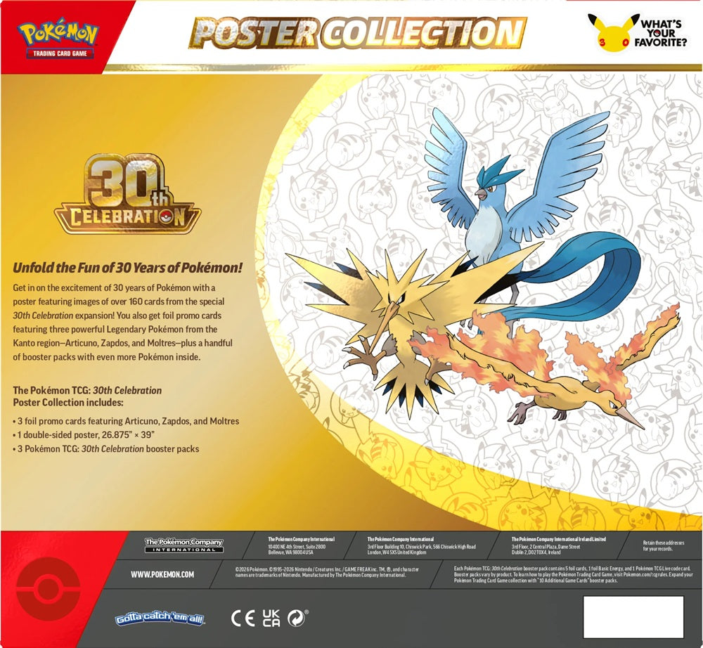 Achterkant van de Pokémon 30th Celebration Poster Collection doos met productinformatie und een overzicht van de inhoud.