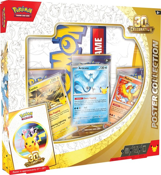 Vooraanzicht van de officiële verpakking van de Pokémon TCG 30th Celebration Poster Collection.