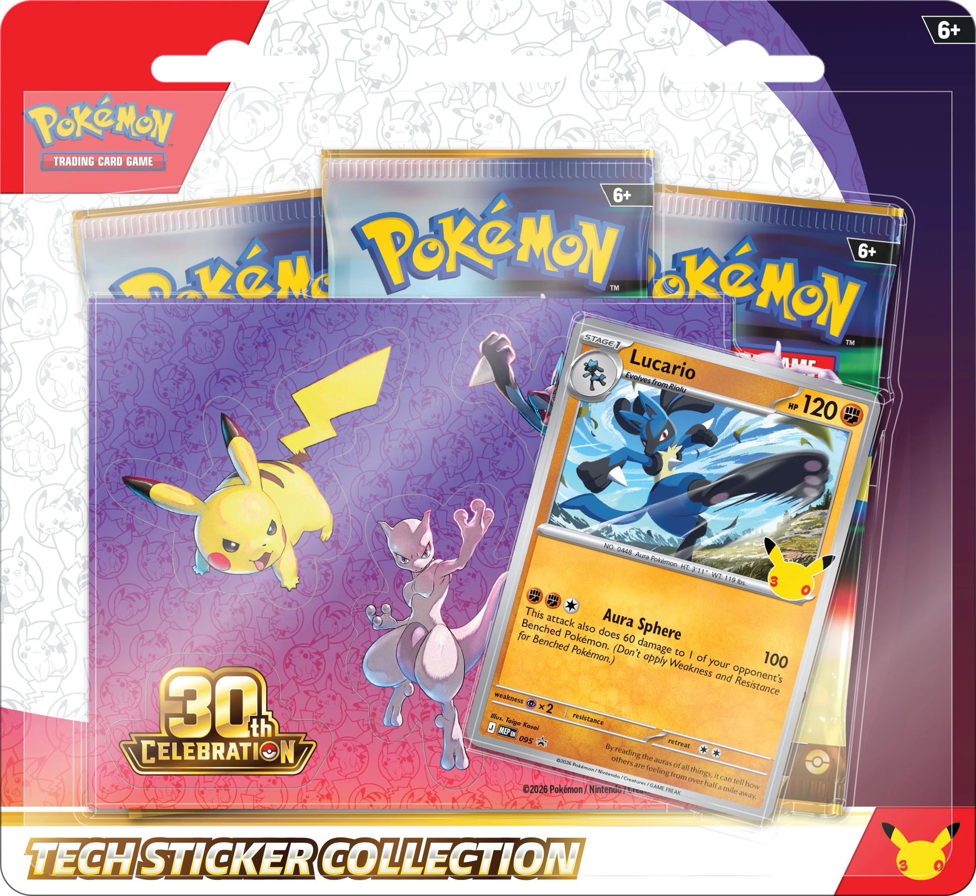 Vooraanzicht van de officiële Pokémon TCG 30th Celebration Tech Sticker Collection Lucario verpakking met de promo-kaart, stickers en boosters zichtbaar.