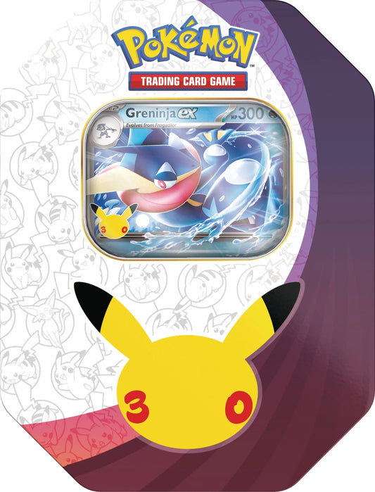 Pokémon TCG 30th Celebration Tin met Greninja ex foil promo kaart en Pikachu blik