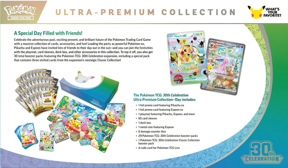 Achterkant van de Pokémon 30th Celebration Ultra Premium Collection Espeon box met de volledige inhoudslijst.