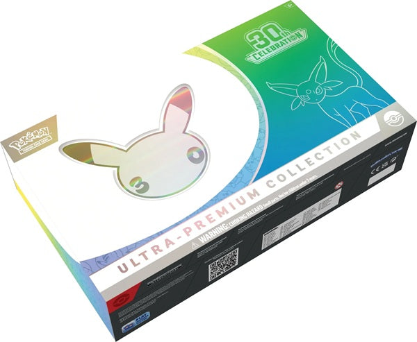 Vooraanzicht van de gesealde Pokémon TCG 30th Celebration Ultra Premium Collection Day Espeon box.