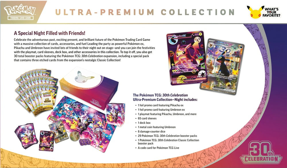 Achterkant van de Pokémon 30th Celebration Ultra Premium Collection Umbreon box met de volledige inhoudslijst.