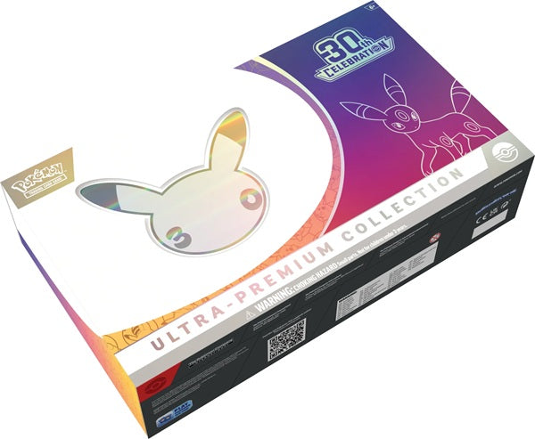 Vooraanzicht van de gesealde Pokémon TCG 30th Celebration Ultra Premium Collection Night Umbreon box.