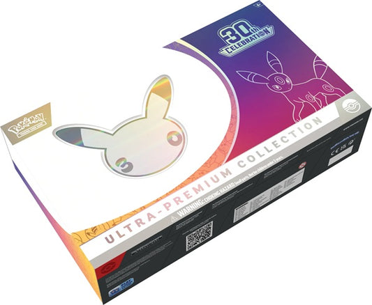 Vooraanzicht van de gesealde Pokémon TCG 30th Celebration Ultra Premium Collection Night Umbreon box.