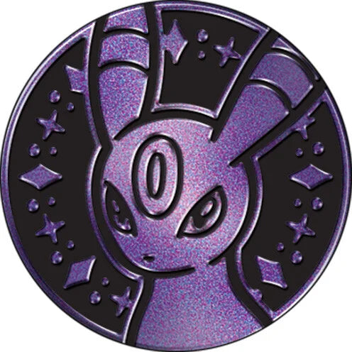 Close-up van de officiële Pokémon verzamelmunt met een afbeelding van Umbreon.