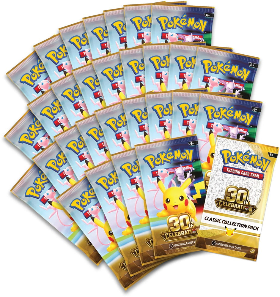 Overzicht van de 29 all-foil 30th Celebration boosterpacks in waaiervorm en het Classic Collection boosterpack.