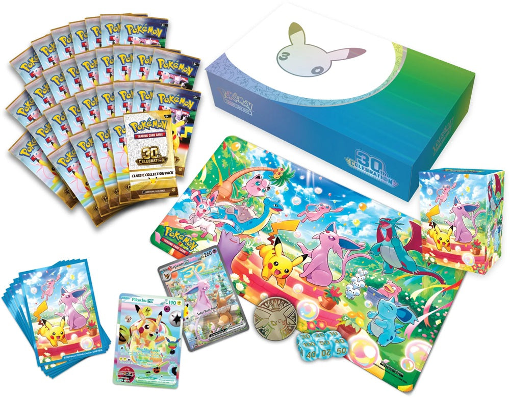 Compleet overzicht van alle inbegrepen boosters, promo's en accessoires uit de 30th Celebration Ultra Premium Collection Espeon.