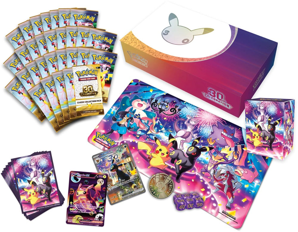 Compleet overzicht van alle inbegrepen boosters, promo's en accessoires uit de 30th Celebration Ultra Premium Collection Umbreon.