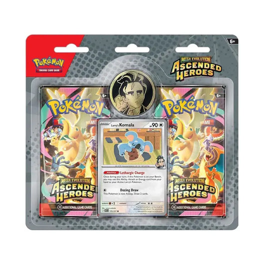 Voorkant van de originele, gesealde Pokémon TCG Ascended Heroes 2-pack blisterverpakking inclusief Larry's Komala promokaart en coin.