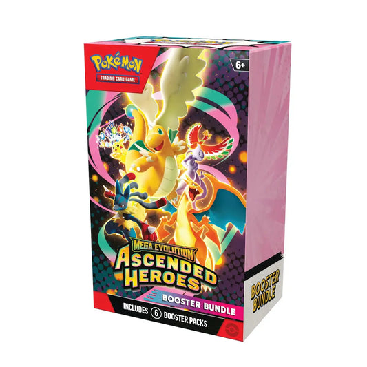 Schuinvooraanzicht van de Ascended Heroes Booster Bundle displaydoos.