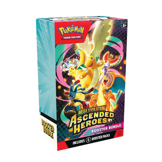 Direct vooraanzicht van de officiële Pokémon TCG Ascended Heroes Booster Bundle verpakking.