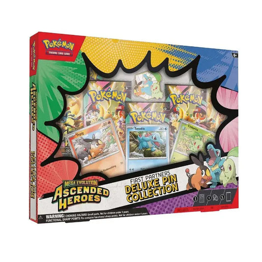 Pokémon TCG Ascended Heroes First Partner Deluxe Pin Collection doos met Chikorita, Tepig en Totodile promo kaarten en enamel pin