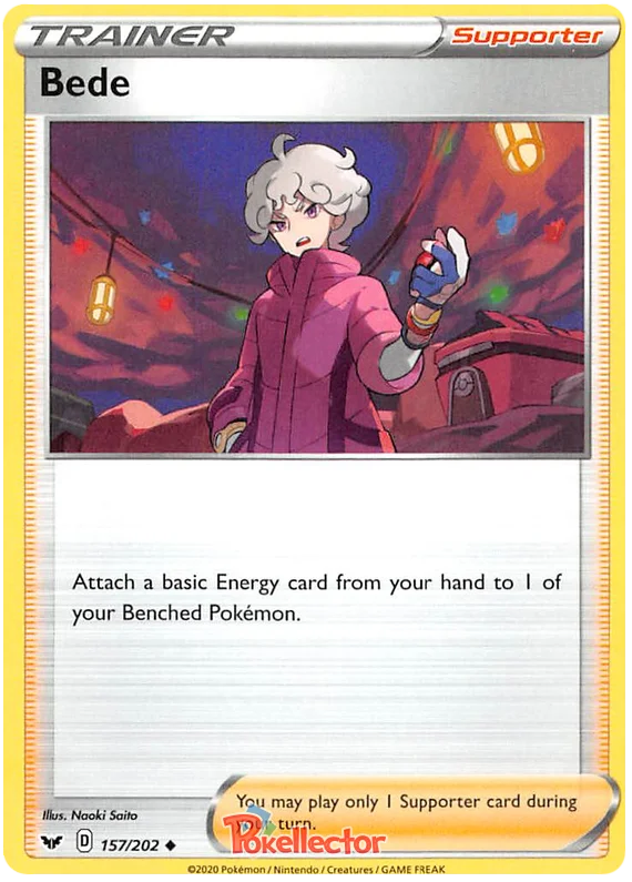 Pokémon Bede Supporter kaart 157/202 uit de Sword & Shield basisset