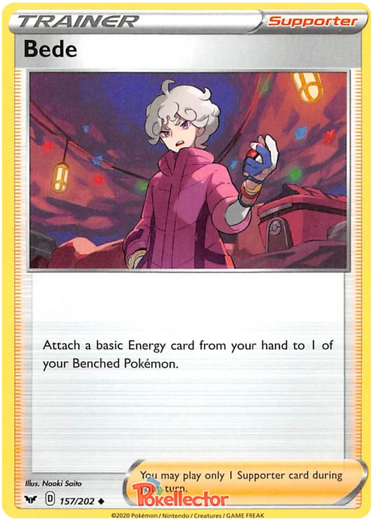 Pokémon Bede Supporter kaart 157/202 uit de Sword & Shield basisset