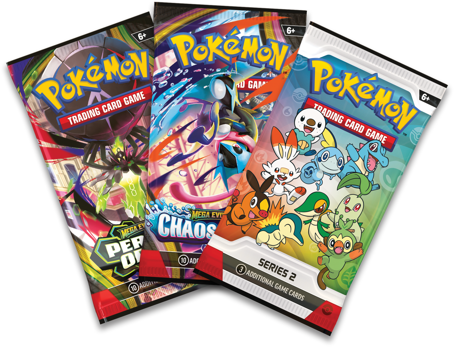 Drie Pokémon TCG booster packs uit de First Partner box gepresenteerd in een waaier.