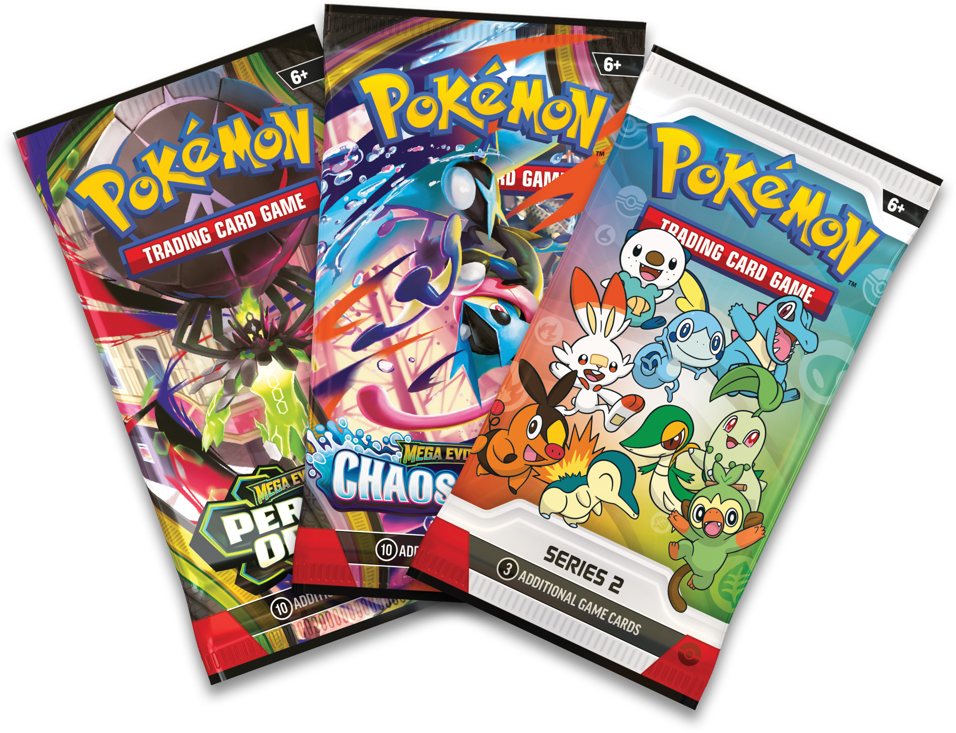 Drie Pokémon TCG booster packs uit de First Partner box gepresenteerd in een waaier.