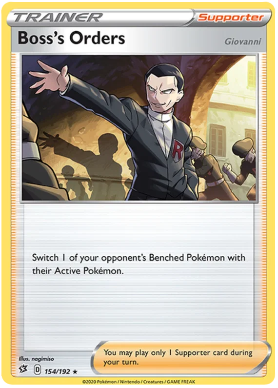 Voorkant van de originele Boss's Orders (Giovanni) #154 Rare Trainer kaart uit de Rebel Clash set.
