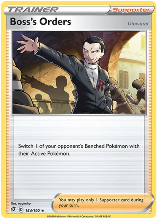Voorkant van de originele Boss's Orders (Giovanni) #154 Rare Trainer kaart uit de Rebel Clash set.