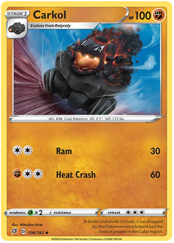 Voorkant van de originele Carkol #106 Uncommon Pokémon kaart uit de Rebel Clash set.