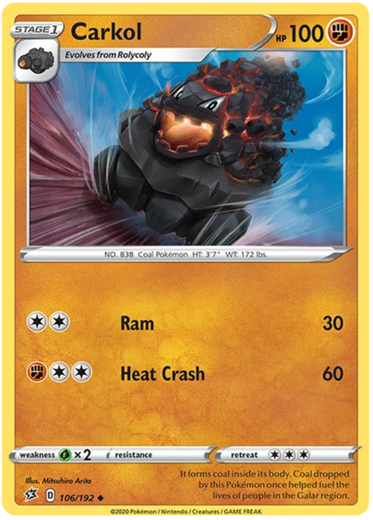 Voorkant van de originele Carkol #106 Uncommon Pokémon kaart uit de Rebel Clash set.