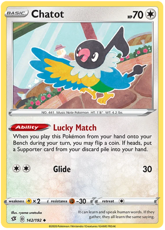 Chatot Pokémon kaart nummer 142 uit de Rebel Clash set, common rarity met Lucky Match ability