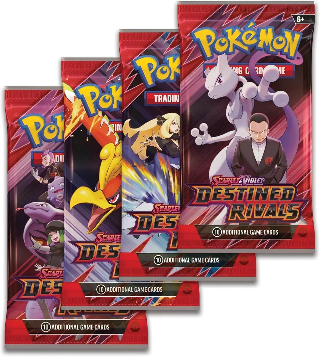 Overzicht van de vier verschillende boosterpack artworks van de Pokémon TCG Destined Rivals set met Team Rocket designs.
