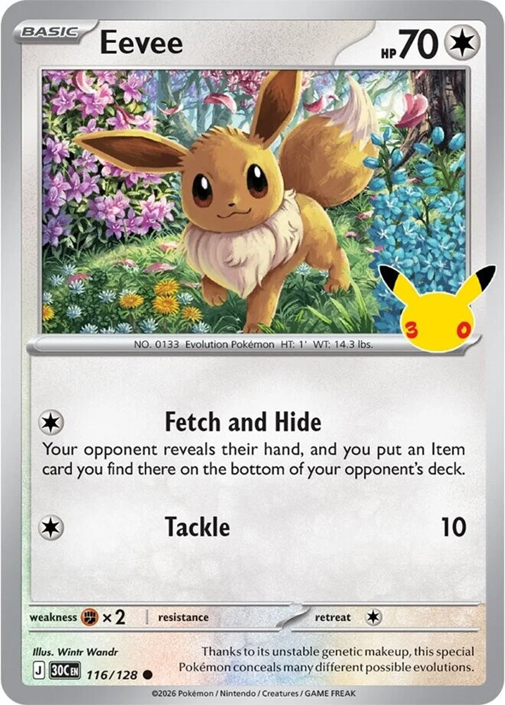 Vooraanzicht van de exclusieve Eevee holo promo-kaart met de officiële Pokémon 30th Celebration logo-stempel.