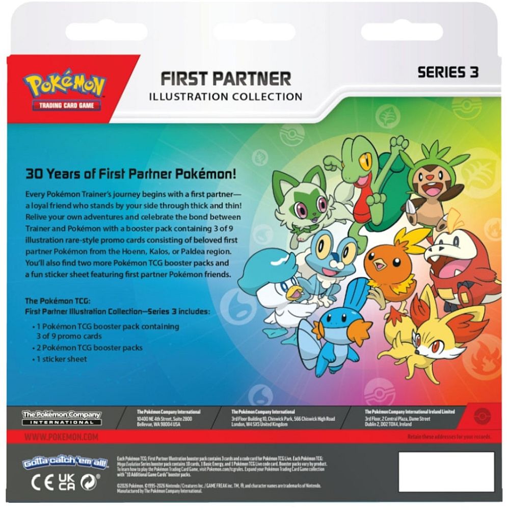 Achterkant van de Pokémon TCG First Partner Illustration Collection Series 3 box met de productinformatie en inhoud.