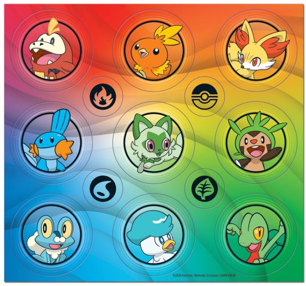 Voorkant van het meegeleverde stickervel met de 9 starter-Pokémon uit de regio's Hoenn, Kalos en Paldea.