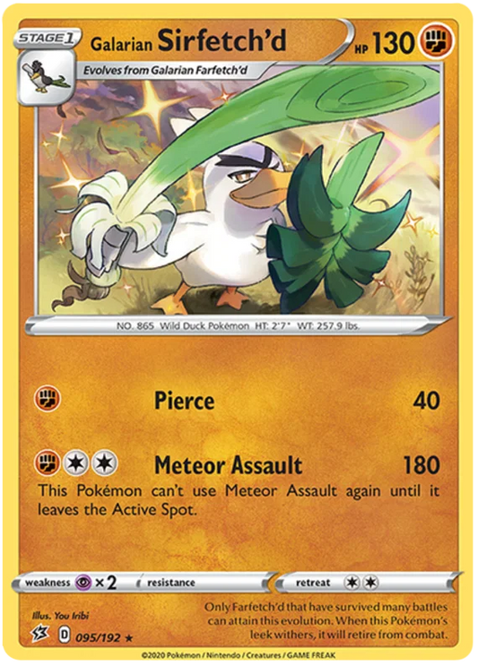 Pokémon TCG Galarian Sirfetch'd rare kaart uit de Rebel Clash set met vechttype aanval Meteor Assault