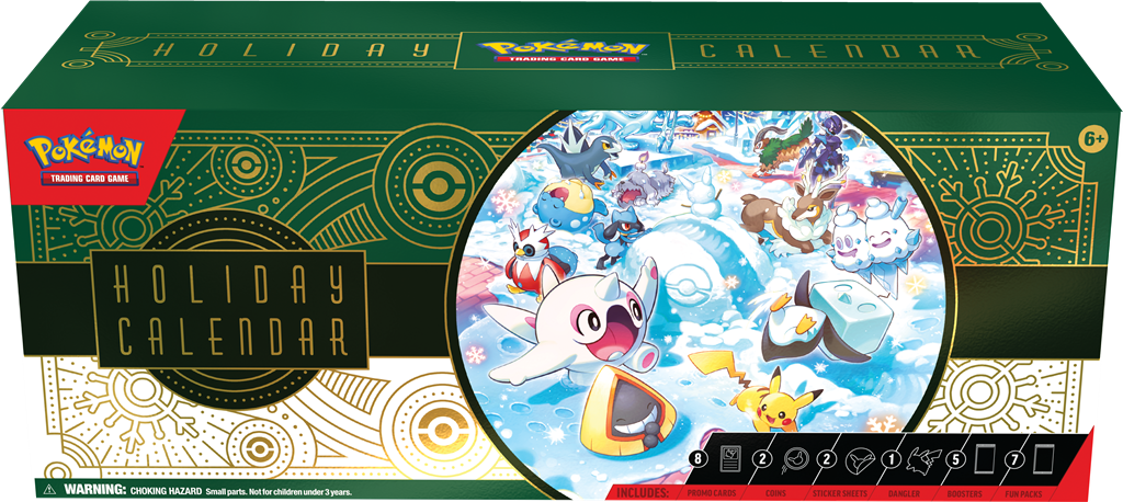 Pokémon TCG Holiday Calendar 2024 met verrassingen zoals Pikachu, Riolu, Delibird, en Chien-Pao sleutelhanger.