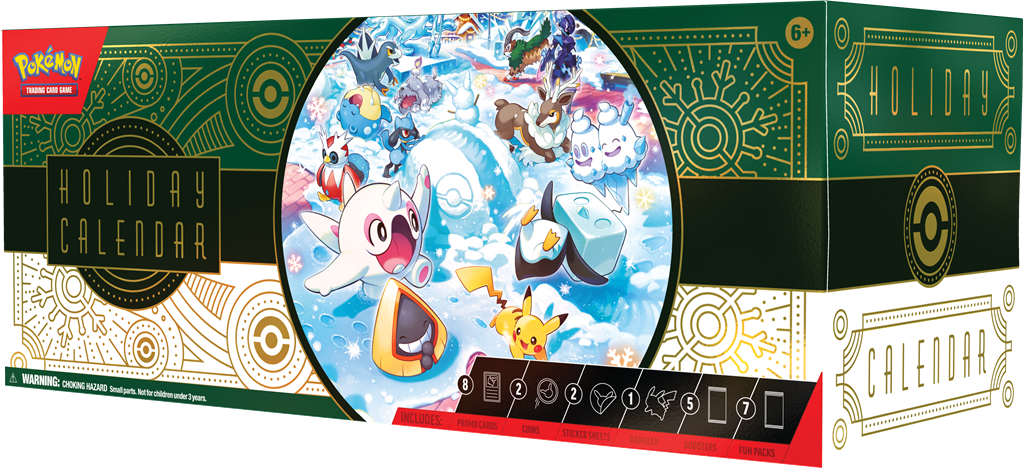 Pokémon TCG Holiday Calendar 2024 met verrassingen zoals Pikachu, Riolu, Delibird, en Chien-Pao sleutelhanger.