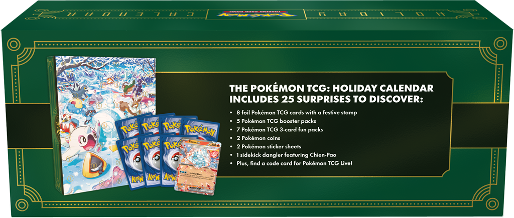 Pokémon TCG Holiday Calendar 2024 met verrassingen zoals Pikachu, Riolu, Delibird, en Chien-Pao sleutelhanger.