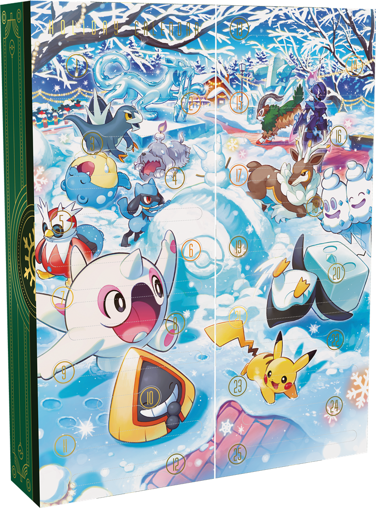 Pokémon TCG Holiday Calendar 2024 met verrassingen zoals Pikachu, Riolu, Delibird, en Chien-Pao sleutelhanger.