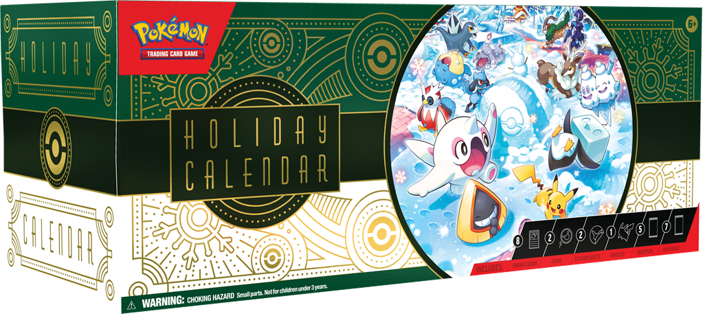 Linksschuin vooraanzicht van de officiële Pokémon TCG Holiday Calendar 2024 luxe cadeaubox.