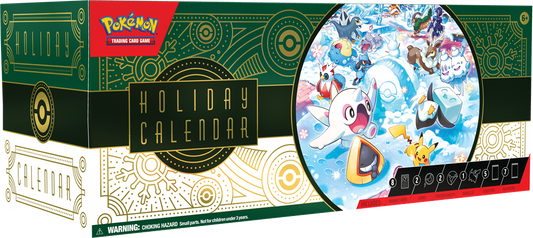 Linksschuin vooraanzicht van de officiële Pokémon TCG Holiday Calendar 2024 luxe cadeaubox.