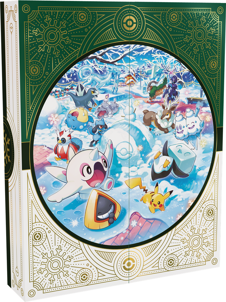 Binnenzijde van de opengeklapte Pokémon adventkalender met prachtige winterse Pokémon illustraties.