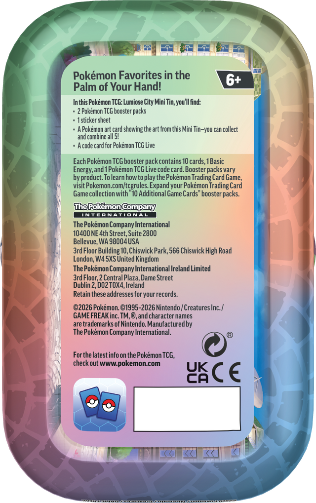 Achterzijde van een officiële Pokémon Lumiose City Mini Tin met productinformatie en de gegarandeerde inhoud.