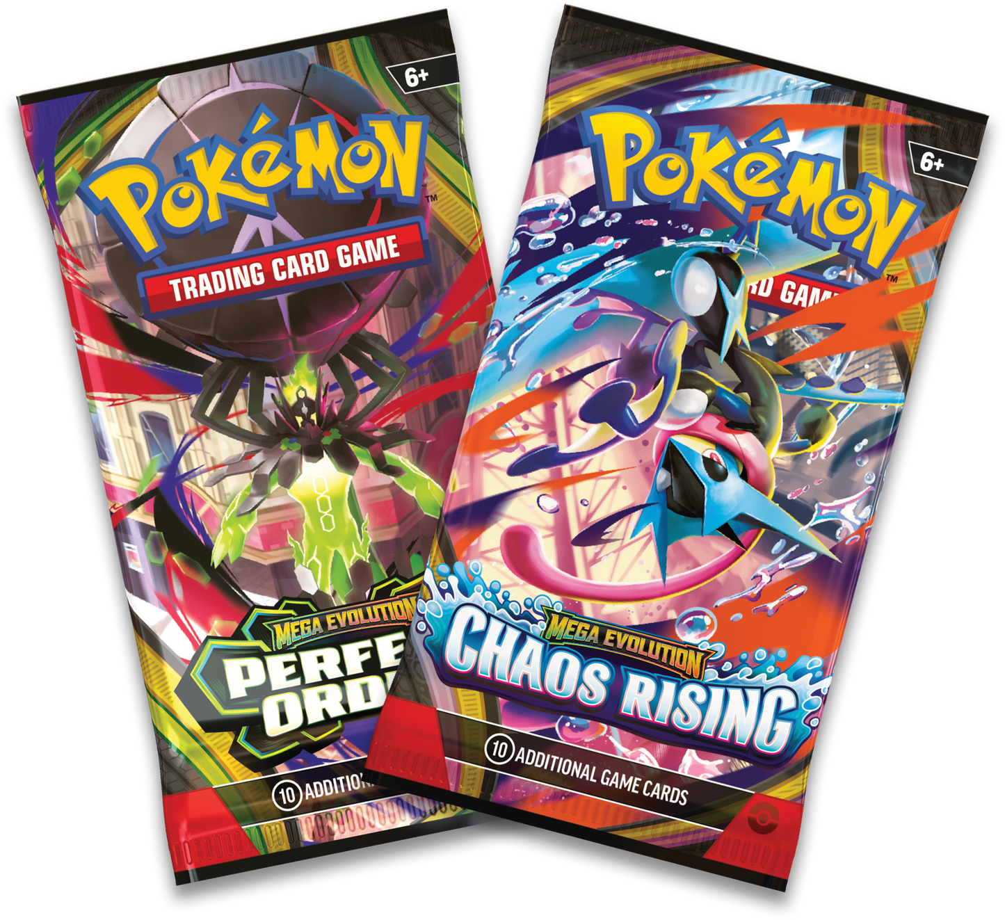 Overzicht in waaiervorm van de twee inbegrepen Pokémon TCG boosterpacks: Perfect Order en Chaos Rising.