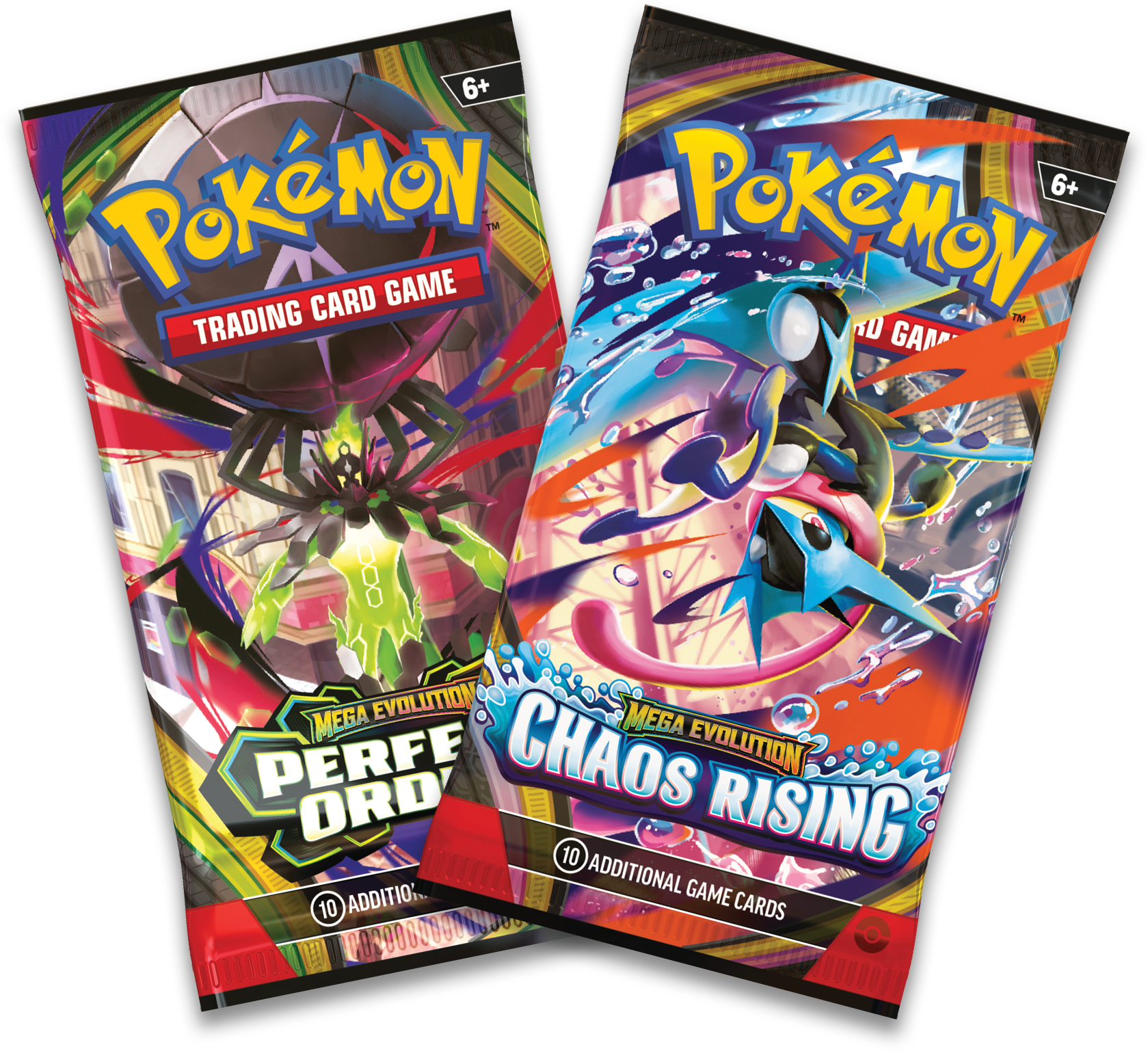 Overzicht in waaiervorm van de twee inbegrepen Pokémon TCG boosterpacks: Perfect Order en Chaos Rising.