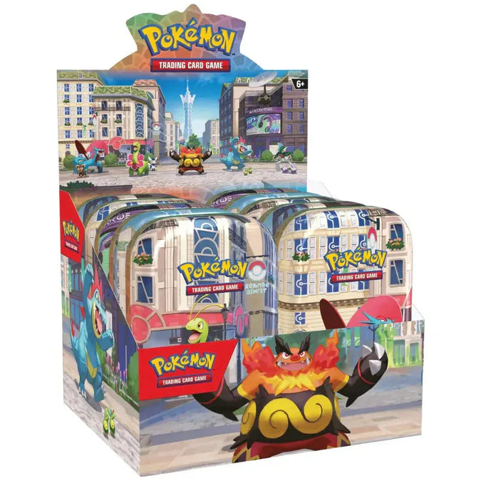 Schuinvooraanzicht van de geopende Pokémon TCG Lumiose City Mini Tin Display waarin de 10 tins netjes gesorteerd staan.
