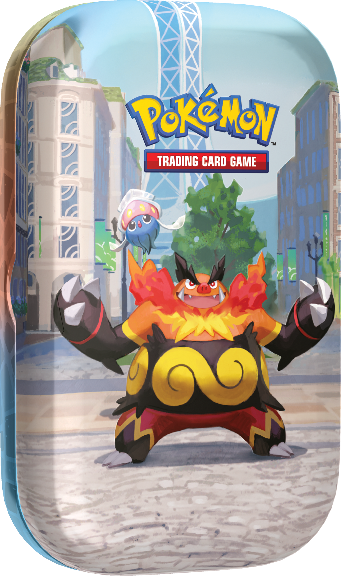 Vooraanzicht van de Pokémon Lumiose City Mini Tin met een illustratie van Emboar en Inkay.