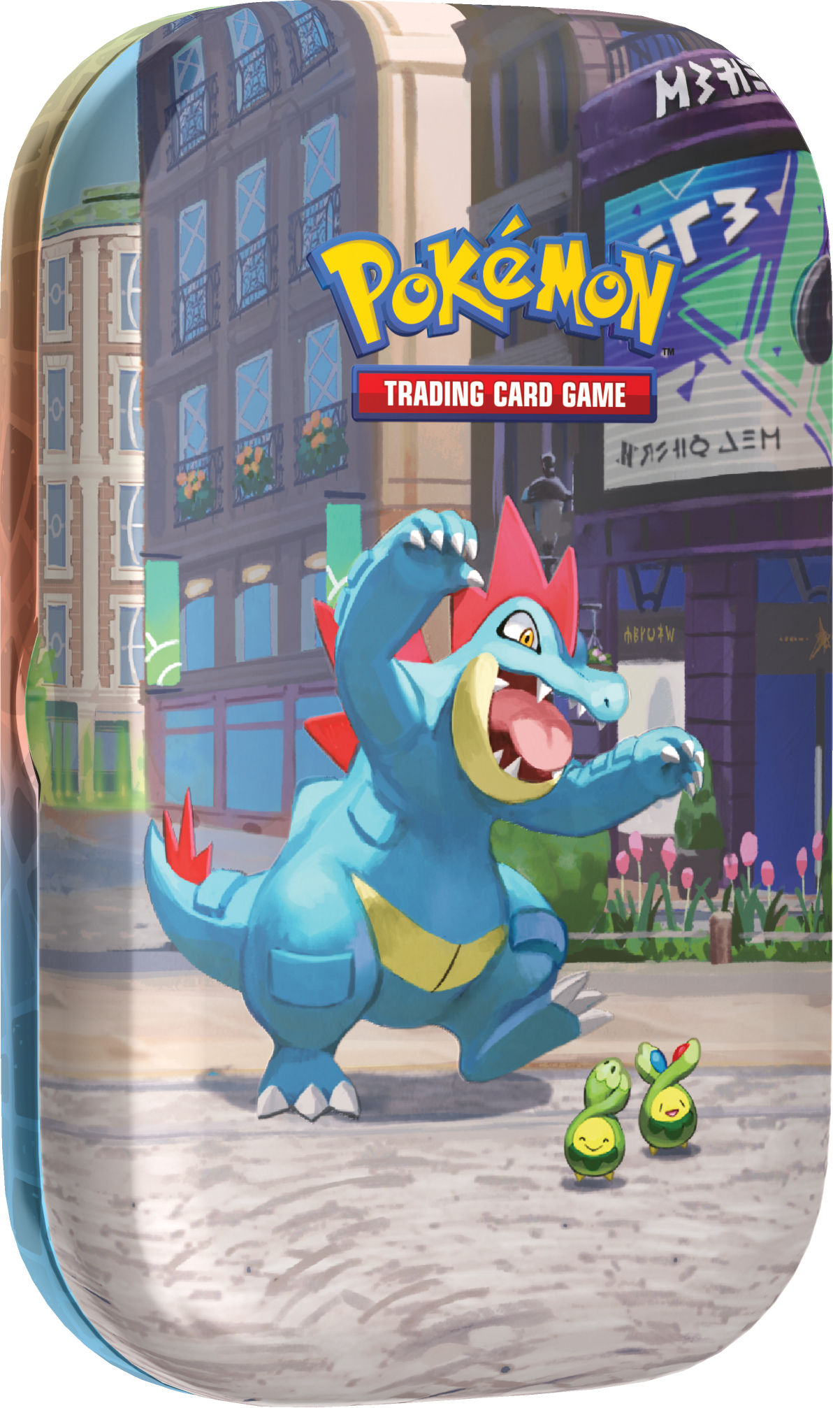 Vooraanzicht van de Pokémon Lumiose City Mini Tin met een illustratie van Feraligatr en Budew.